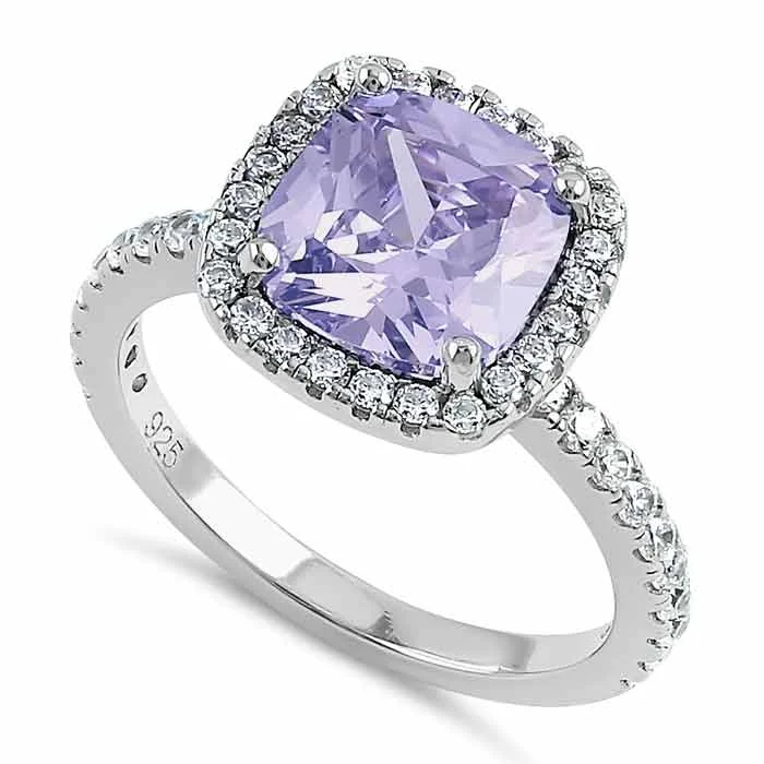 Ladies vintage solitaire ring-Sterling Silver Cushion Cut Lavender and Clear CZ Ring