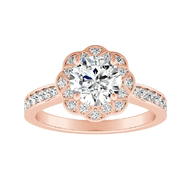 Ladies vintage-inspired engagement ring-Auriya Vintage 1ct Round Moissanite and 1/3ctw Halo Diamond Engagement Ring 14K Gold