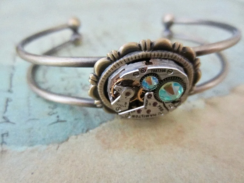 Ladies elegant bangle bracelet-Steampunk Bracelet - In the Works - Steampunk watch parts cuff - Peridot bracelet - Repurposed - Steampunk jewelry - August Birthday