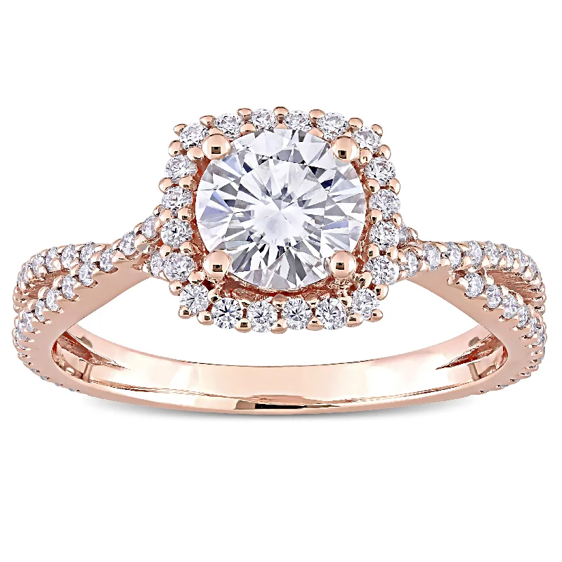 Ladies vintage diamond engagement ring-Miadora 1 1/2ct DEW Moissanite Halo Crossover Engagement Ring in 10k Rose Gold