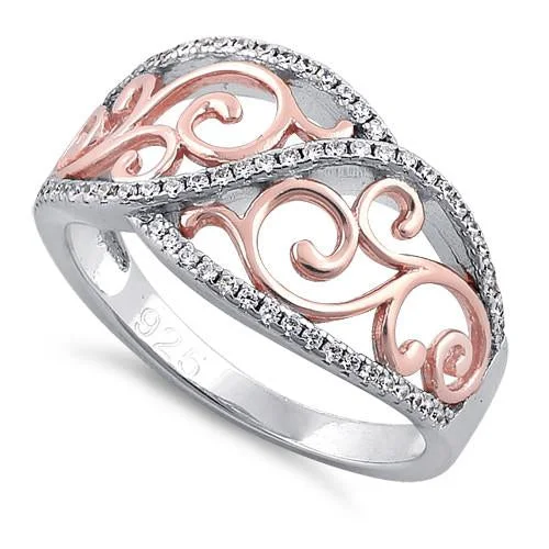 Ladies oval diamond ring-Sterling Silver Vines Two-tone Rose Gold Plated CZ Ring