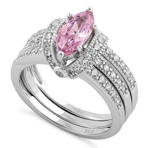 Ladies heart-shaped ring-Sterling Silver Pink Marquise CZ Set Ring