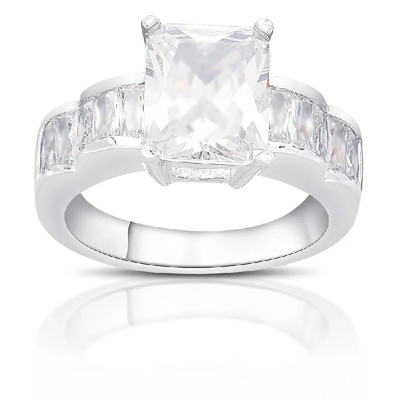 Ladies emerald cut engagement ring-Dolce Giavonna Silver Overlay Cubic Zirconia Engagement Ring