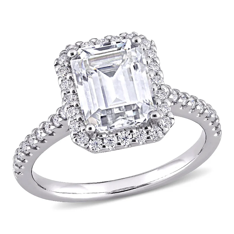 Ladies emerald cut solitaire engagement ring-Miadora 2 7/8ct DEW Emerald-cut Moissanite Halo Engagement Ring in 10k White Gold