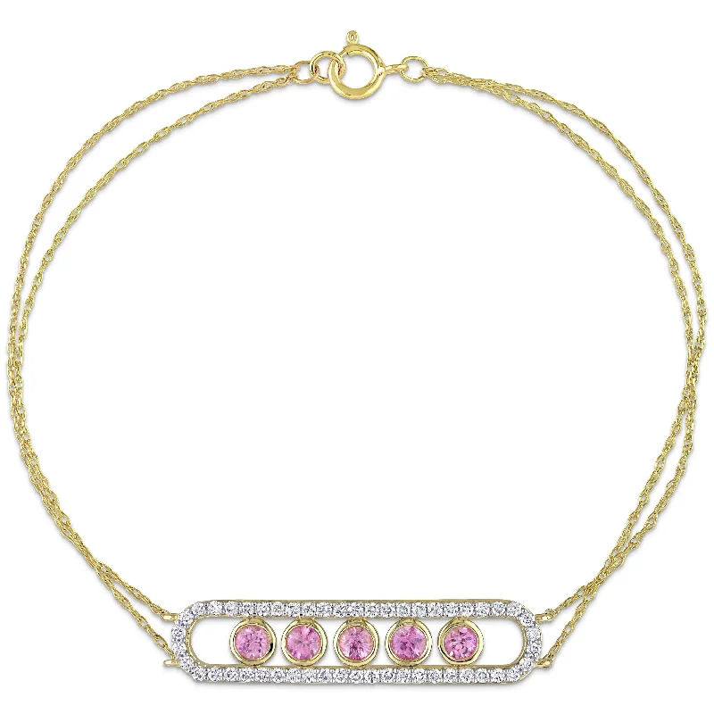 Ladies friendship bracelet-Miadora Pink Sapphire & 1/2ct TDW Diamond 5-Stone Station Halo Bar Bracelet in 10k Yellow Gold