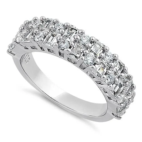 Ladies fashion statement ring-Sterling Silver Round & Princess Cut Pattern Clear CZ Ring