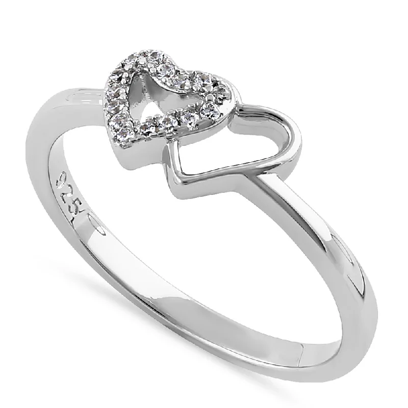 Ladies two-tone ring-Sterling Silver Overlapping Hearts Clear CZ Ring