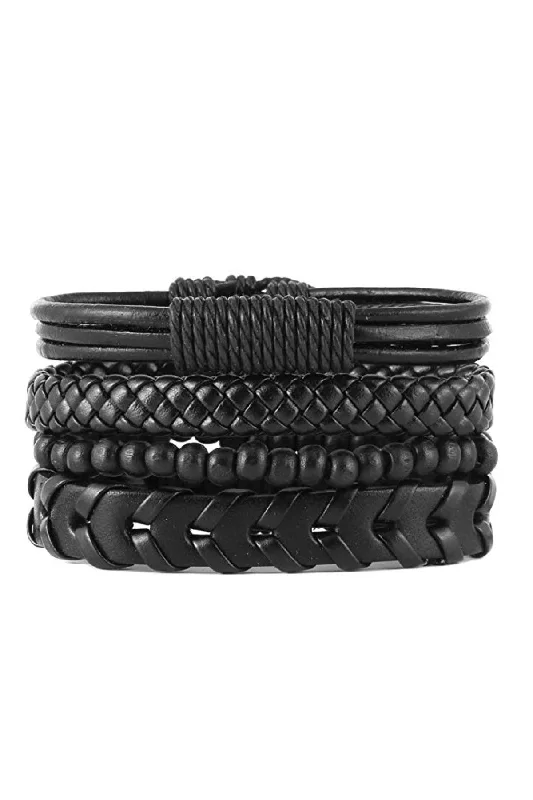 Ladies bracelet for engagement-Set of 4 Black Leather Woven Bracelets