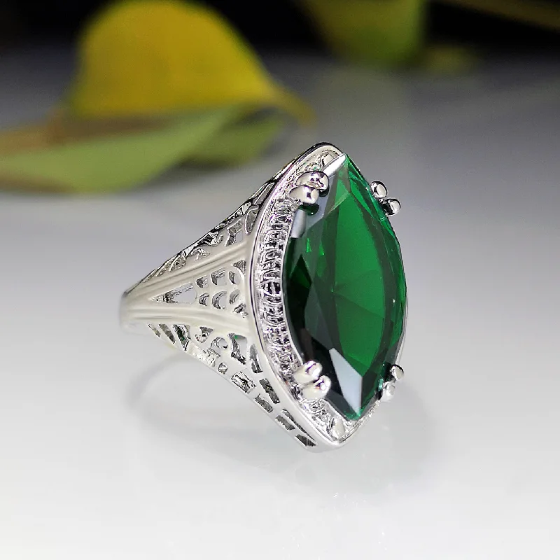 Ladies engagement ring with sapphire-Fashion Creative Emerald Zircon Hollow Carved Gem Copper Ring