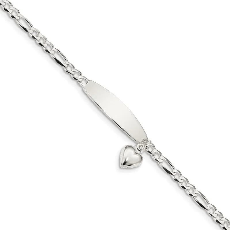 Ladies dainty bracelet-925 Sterling Silver 4mm Figaro ID Heart Dangle Bracelet