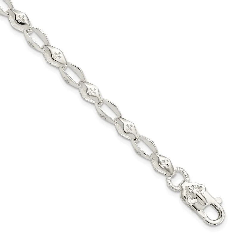 Ladies birthstone bangle-925 Sterling Silver Cross w/Fleur de Lis Clasp Bracelet, 8" (W-4.75mm)