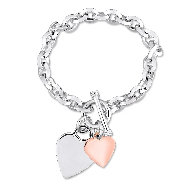 Ladies beaded bracelet-Miadora 2-Tone White and Rose Plated Sterling Silver Double Heart Charm Bracelet