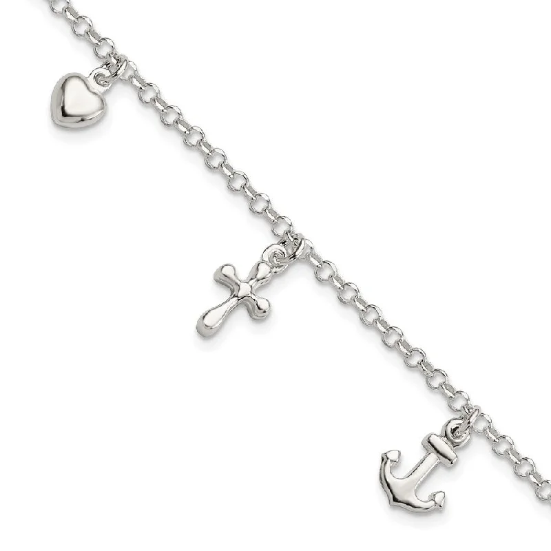 Ladies personalized bracelet-925 Sterling Silver Cross, Anchor, Heart Bracelet, 7.5" (W-9mm)