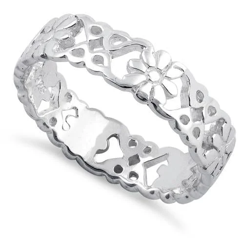 Ladies silver wedding ring-Sterling Silver Elegant Flower Ring