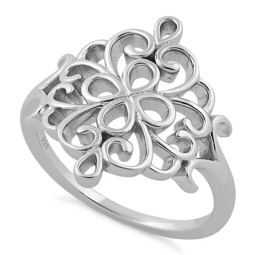 Ladies platinum ring-Sterling Silver Flower Filigree Ring