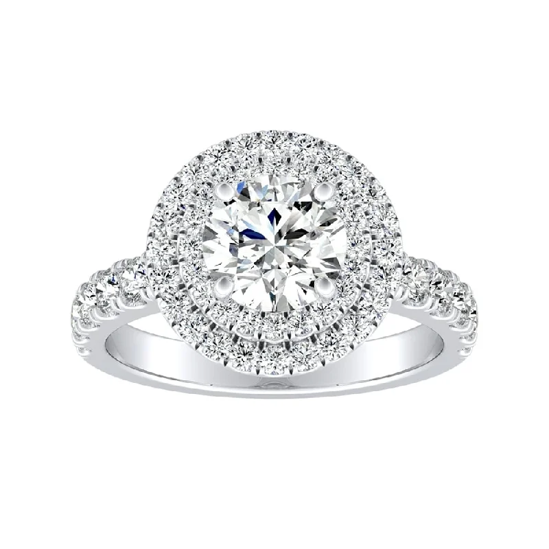 Ladies custom engagement ring-Auriya 1/2ct Round Moissanite and 3/4ctw Double Halo Diamond Engagement Ring 14K Gold