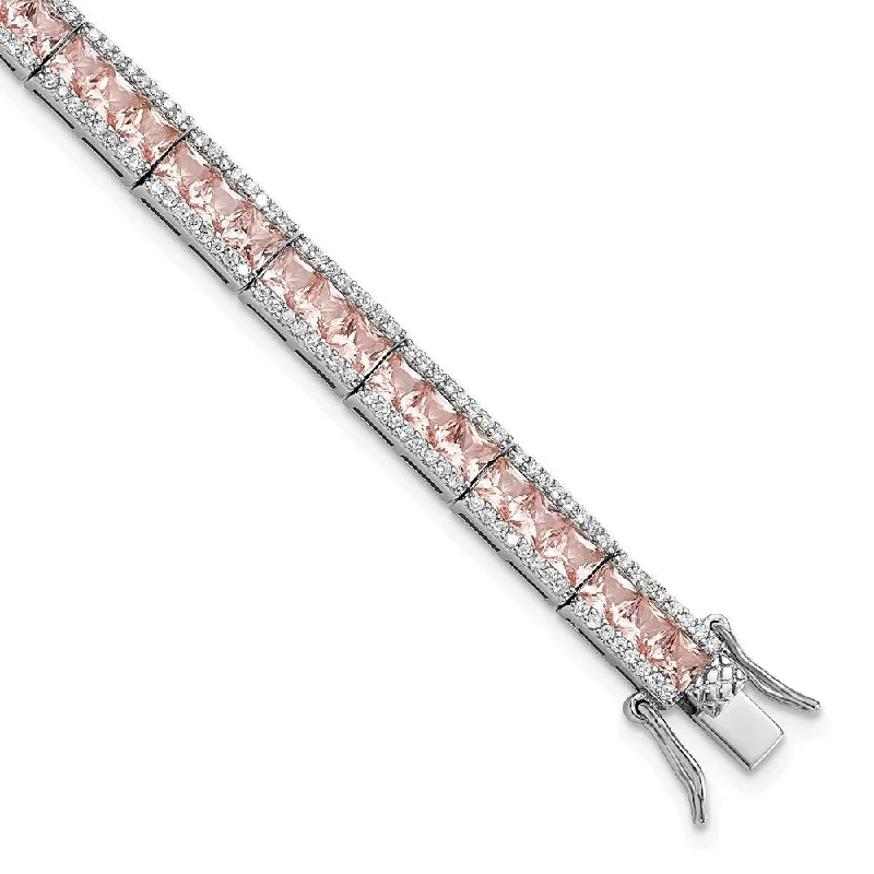 Ladies link bracelet-925 Sterling Silver Cheryl M Rhodium Princess-cut Pink Nano Crystal and Cubic Zirconia Bracelet, 7.25" (W-5.6mm)