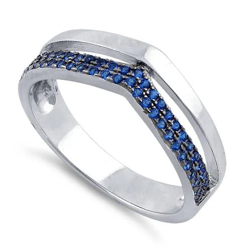 Ladies silver ring-Sterling Silver Double V-Accented Blue CZ Ring