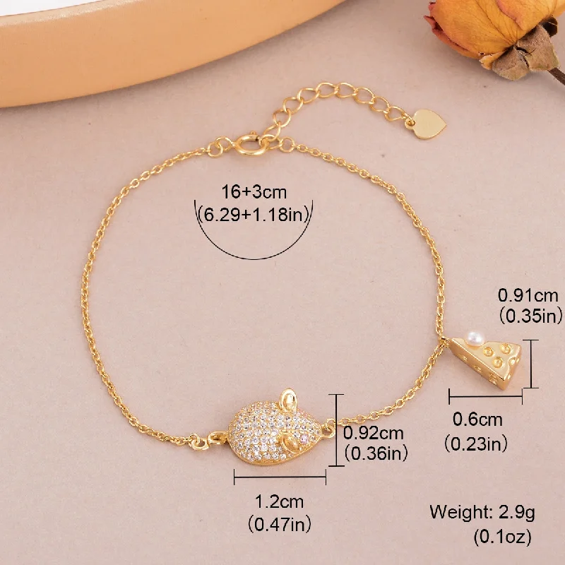 Ladies pearl and gold bracelet-Copper 18K Gold Plated Cute Cheese Mouse Inlay Freshwater Pearl Zircon Bracelets