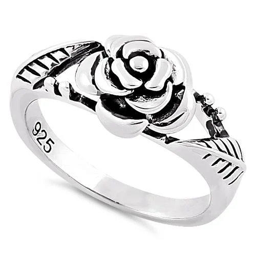 Ladies black diamond ring-Sterling Silver Rose Ring