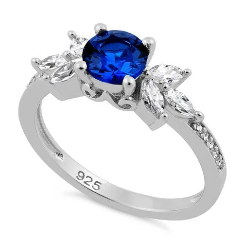 Ladies unique engagement ring-Sterling Silver Flower Leaves Blue Spinel CZ Ring