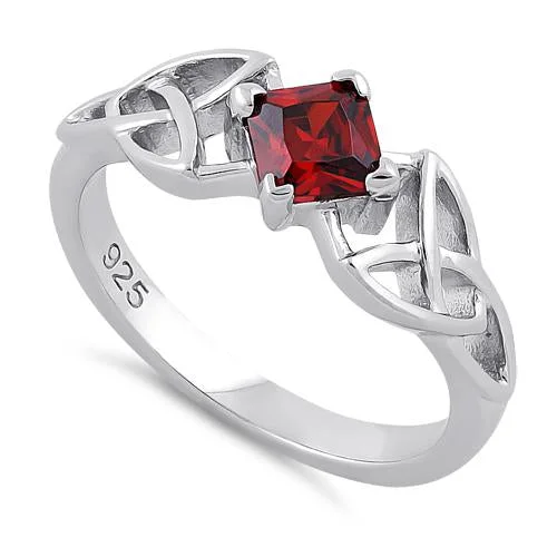 Ladies stylish engagement ring-Sterling Silver Celtic Princess Cut Garnet CZ Ring