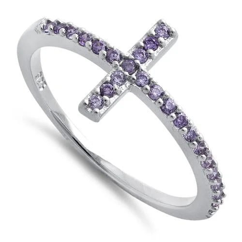 Ladies gold wedding band with diamonds-Sterling Silver Cross Amethyst CZ Ring