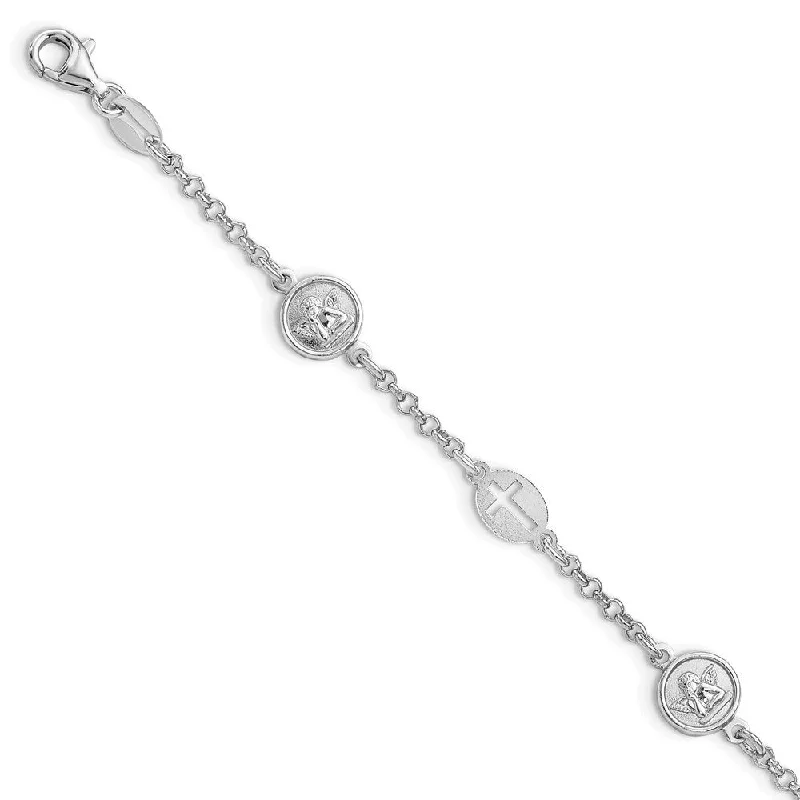 Ladies wedding bracelet set-925 Sterling Silver Rhodium Plated Cross and Angel Bracelet, 7.5"