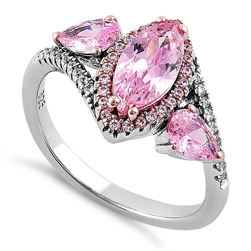 Ladies ruby ring-Sterling Silver Two-Tone Rose Gold Plated Marquise & Pear Cut Pink CZ Ring