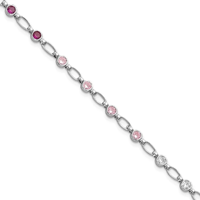 Ladies leather cuff bracelet-925 Sterling Silver Rhodium-plated Red Pink Clear Cubic Zirconia Bracelet, 7.25" (W-2.8mm)