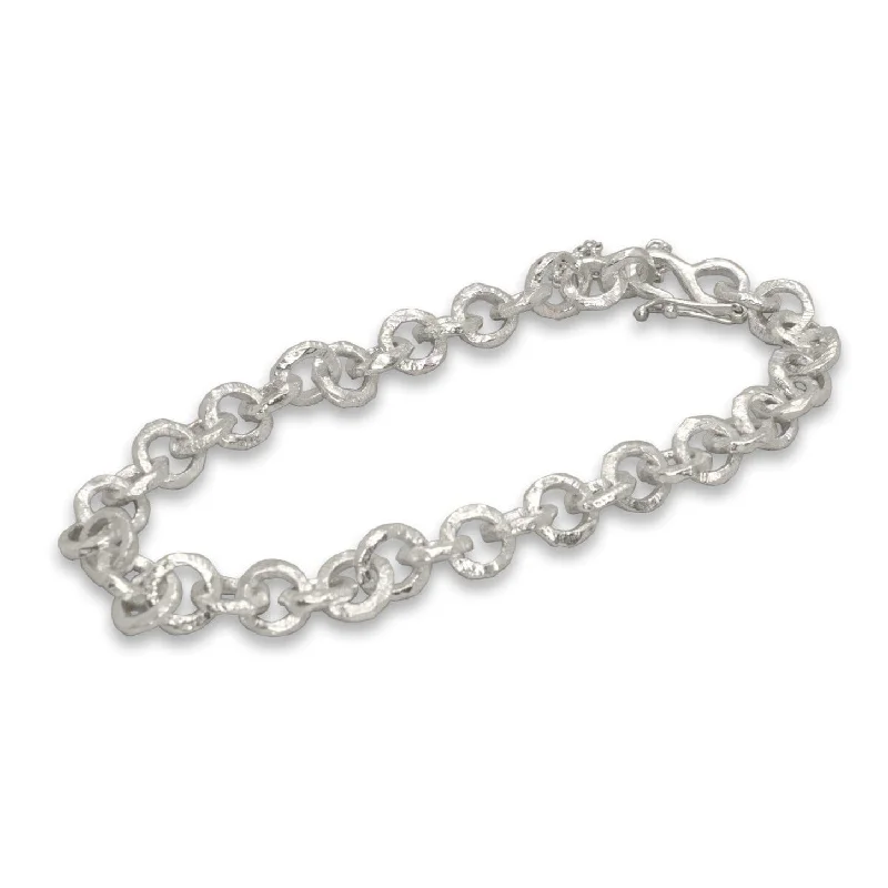 Ladies silver bracelet-Sterling Silver Carved Round Link Chain Bracelet