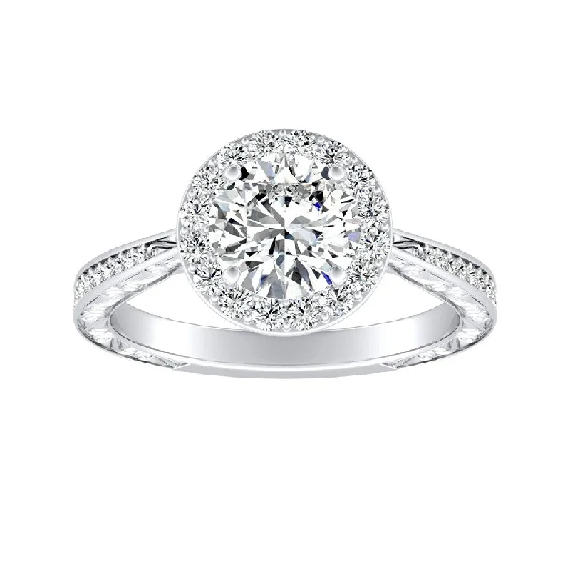 Ladies simple diamond engagement ring-Auriya Vintage 1 1/2ct Round Moissanite and 3/8ctw Halo Diamond Engagement Ring 14K