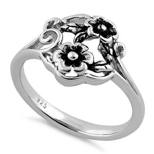 Ladies gold band engagement ring-Sterling Silver Two Flower Ring