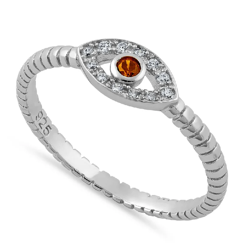 Ladies silver wedding ring-Sterling Silver Red Orange Stone Evil Eye CZ Ring