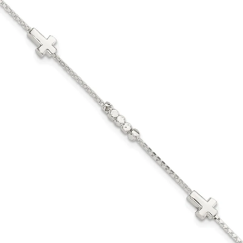 Ladies silver bracelet-925 Sterling Silver Fancy Bead & Cross Bracelet, 8" w/1in Extender