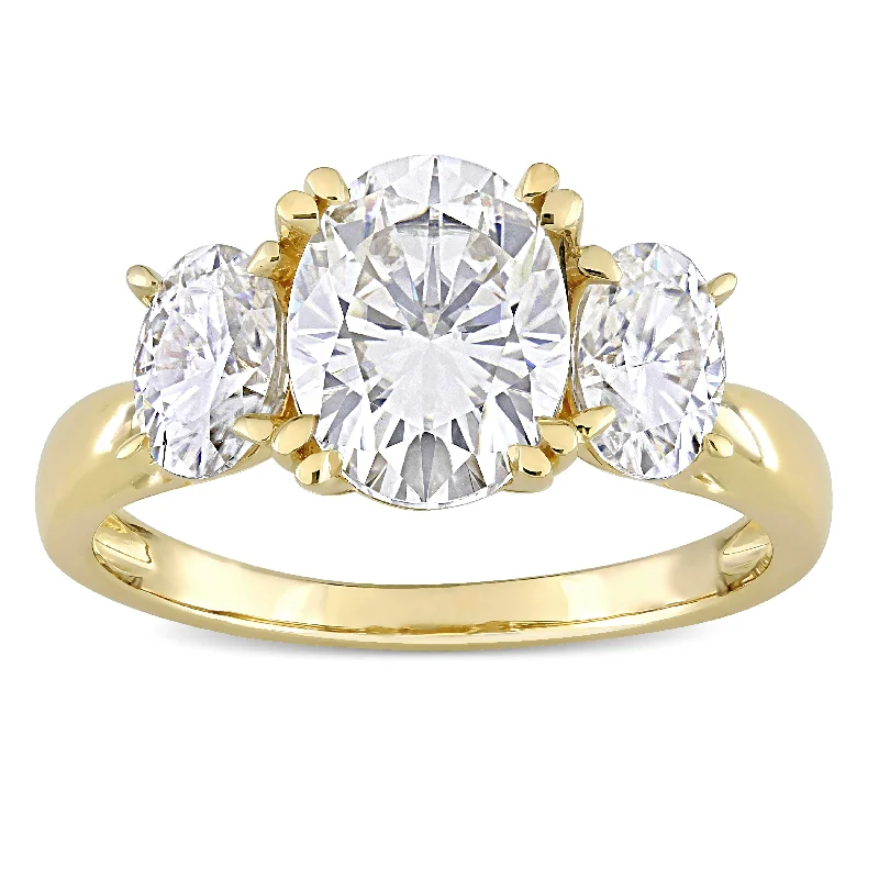 Ladies elegant platinum engagement ring-Miadora 10k Yellow Gold 3ct TGW Oval-cut Created White Moissanite 3-Stone Engagement Ring