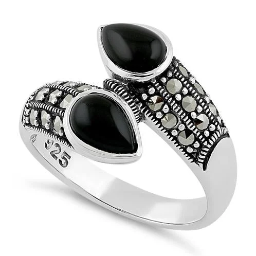 Ladies emerald-cut ring-Sterling Silver Marcasite Pear Shape Black Onyx Ring