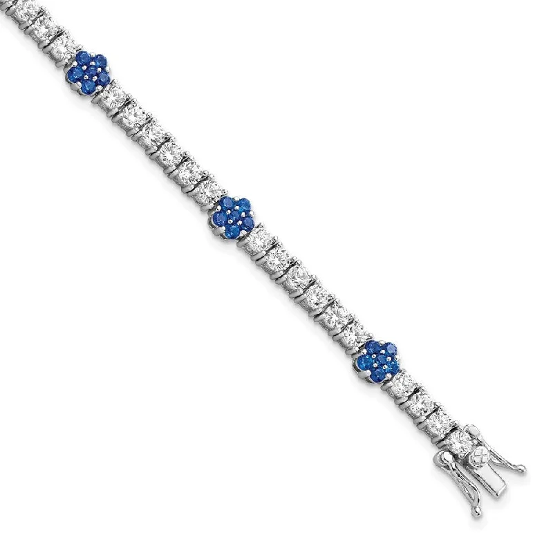 Ladies birthstone bracelet-925 Sterling Silver Rhodium-plated Created Blue Spinel & Cubic Zirconia Flower 7in Bracelet, 7" (W-5.45mm)