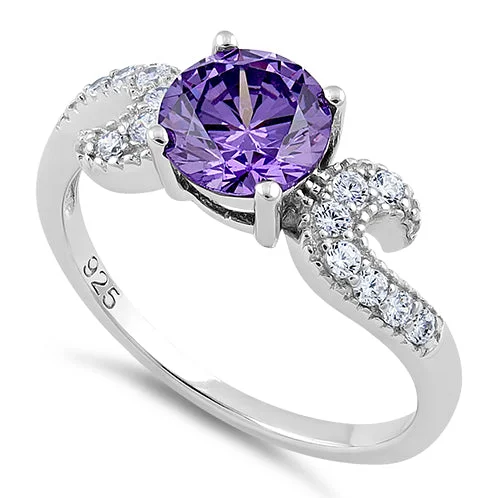 Ladies luxury gemstone ring-Sterling Silver Round Amethyst CZ Ring