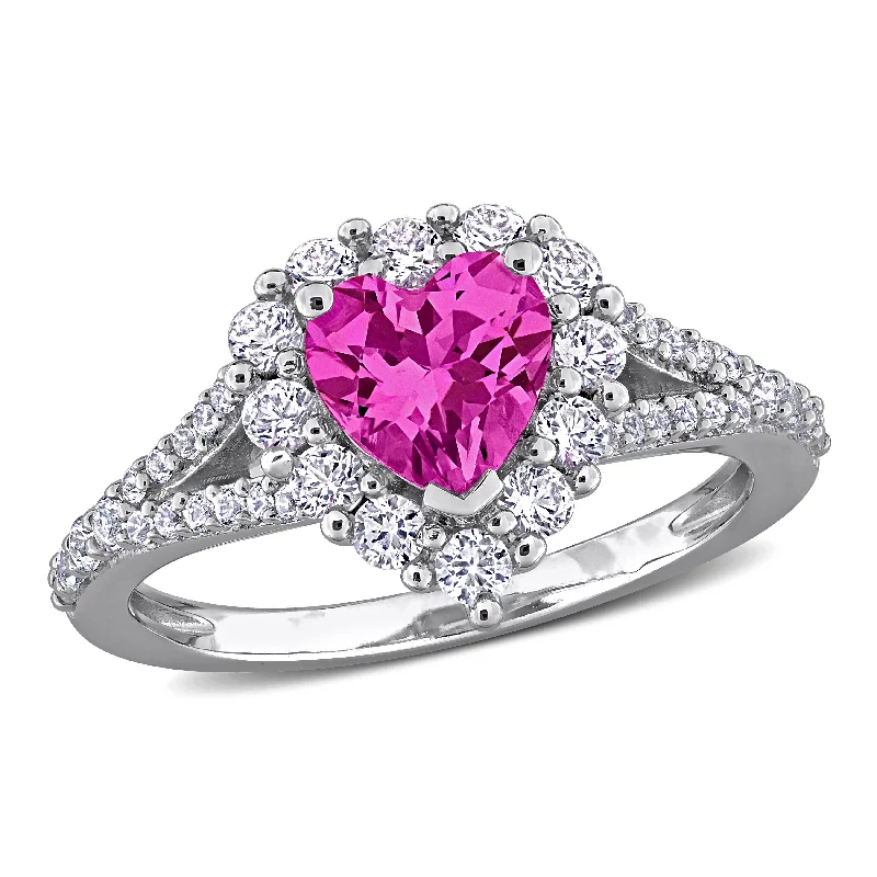 Ladies halo engagement ring-Miadora 2 1/2ct TGW Created Pink Sapphire & Created White Sapphire Heart Engagement Ring Sterling Silver