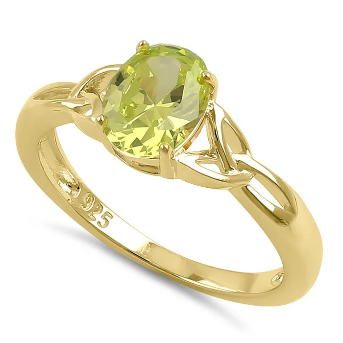 Ladies engagement ring with sapphire-Sterling Silver Gold Plated Charmed Oval Apple Green CZ Ring