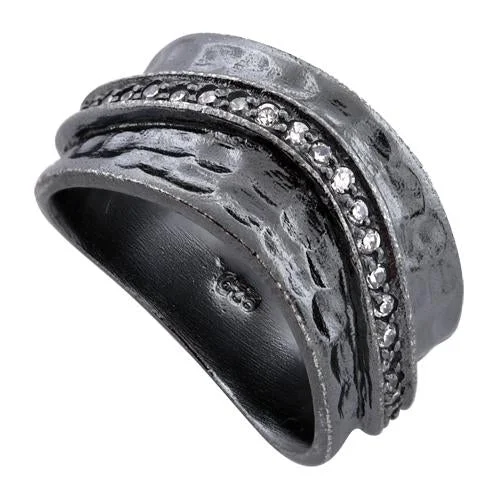 Ladies men’s wedding ring-Sterling Silver Wave Oxidized CZ Ring