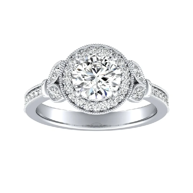 Ladies gold engagement ring-Auriya Vintage Floret 1 1/2ct Moissanite and 1/4ctw Halo Diamond Engagement Ring 14k Gold