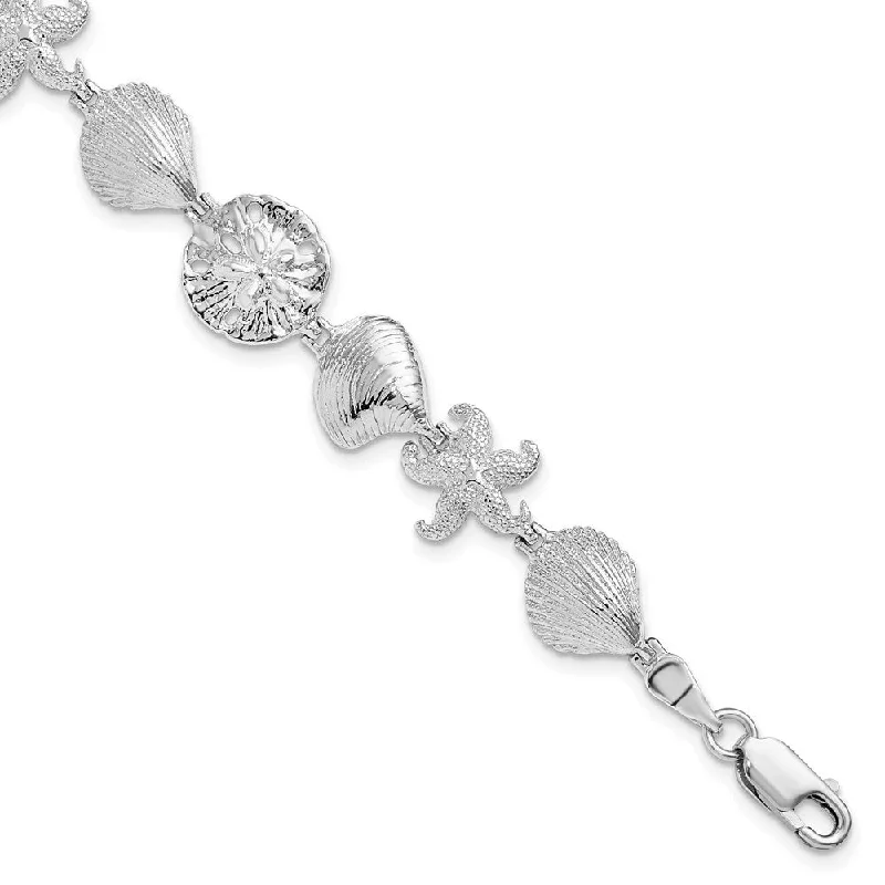 Ladies gemstone bangle-925 Sterling Silver Starfish,Shells,Sand Dollar Bracelet, 7" (W-11.67mm)