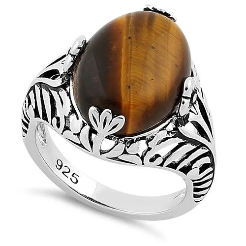 Ladies halo diamond ring with band-Sterling Silver Tiger's Eye Gemstone Ring