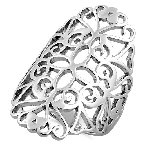 Ladies wedding set with diamond-Sterling Silver Filigree Floral Ring