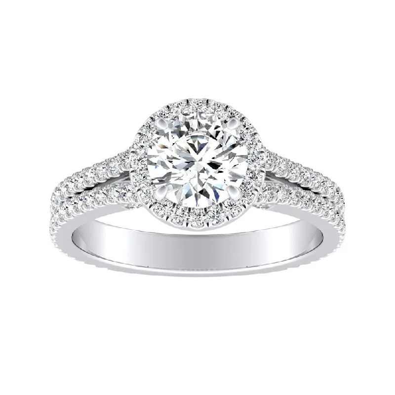 Ladies three-stone diamond engagement ring-Auriya 14k Gold 3/4ct Moissanite and 5/8ctw Halo Diamond Engagement Ring