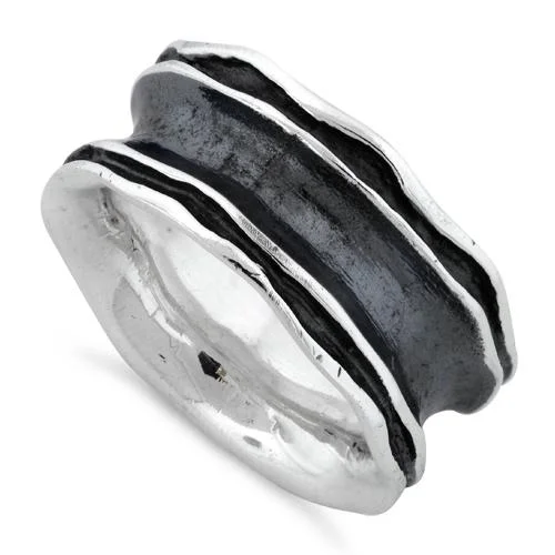 Ladies round diamond ring-Sterling Silver Oxidized Wavy Thick Ring