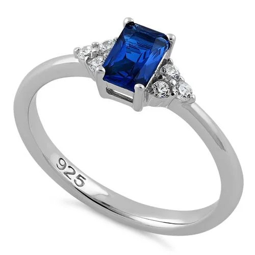 Ladies comfort fit ring-Sterling Silver Precious Emerald Cut Blue Spinel CZ Ring