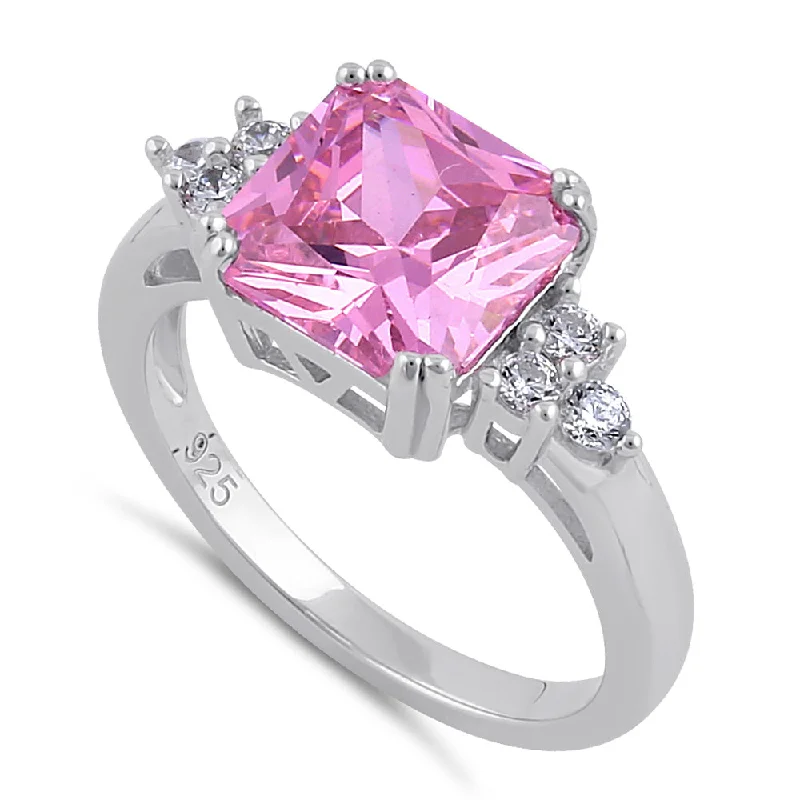 Ladies luxury wedding ring-Sterling Silver Elegant Pink CZ Center Ring